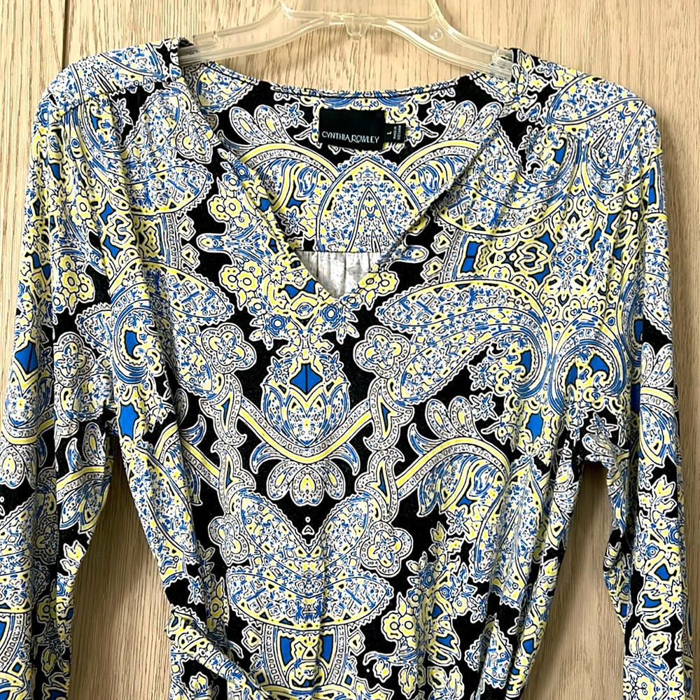 Women’s printed dress; black yellow & blue